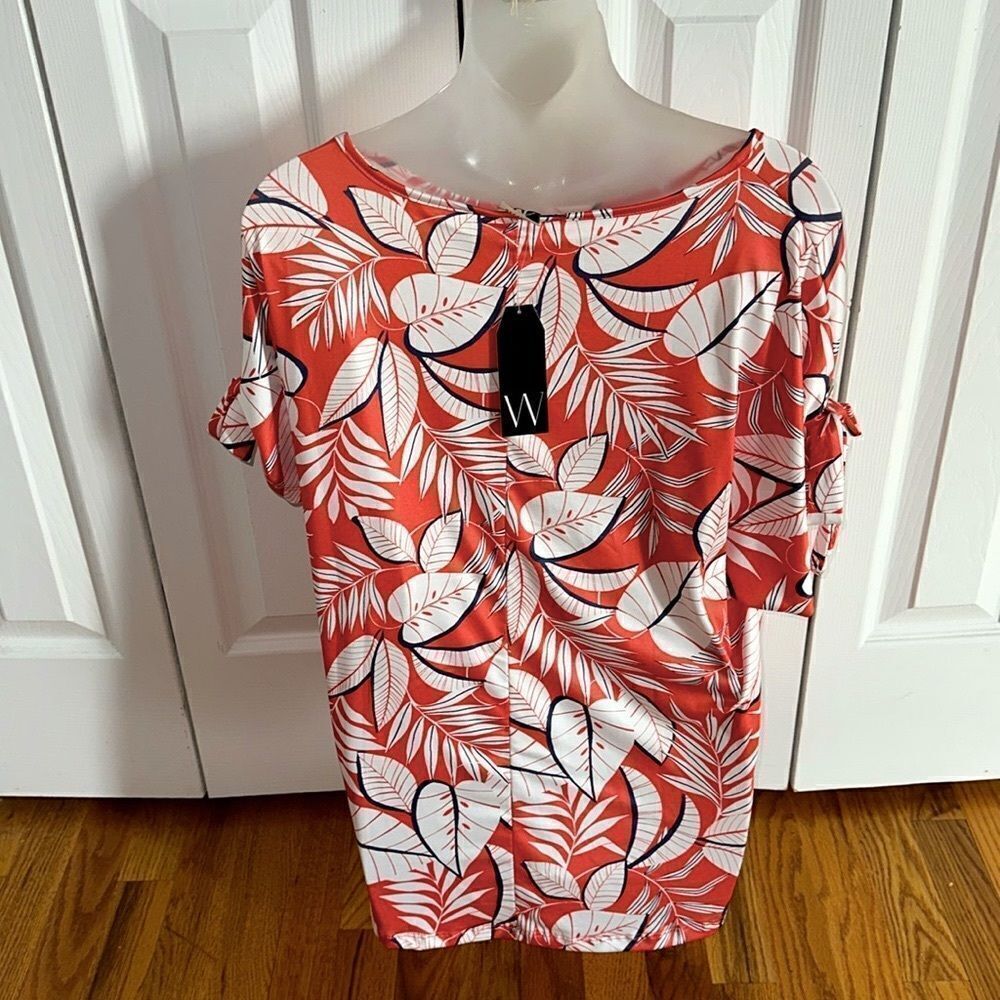 Floral Print Orange White Leaf Summer Palm Top Blouse Short Wrapper Small S NWT - Picture 8 of 9